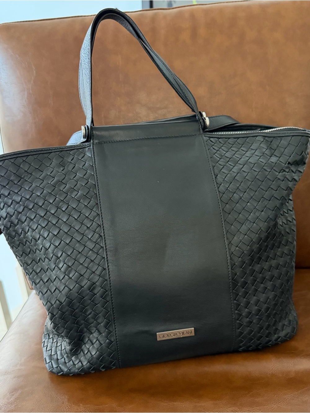 Giorgia Milani Made in Italy Black Leather Intrecciato Woven Large Tote Bag